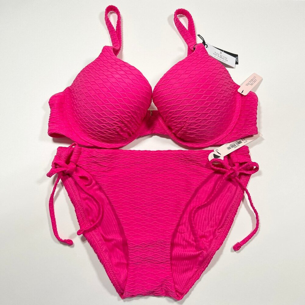 Victoria Secret 38DD L ICON Push Up Bikini Top Bottom Set Textured Pink